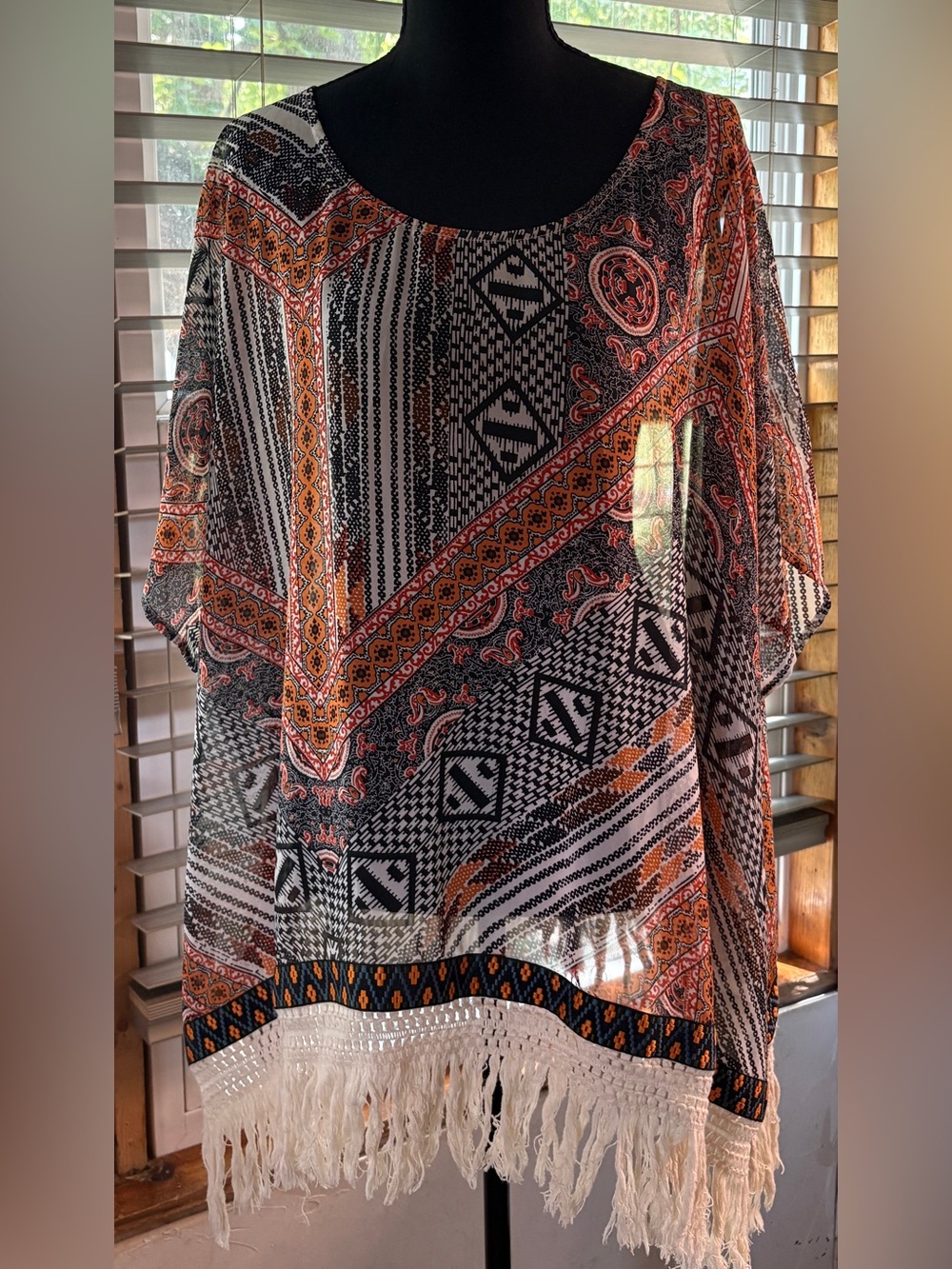 entro Boho Fringe Sheer Tunic in Orange, Black & White